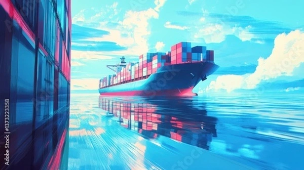 Fototapeta A Large Container Ship Traversing Open Water With Clear Skies Above