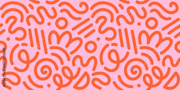 Obraz Memphis geometric seamless pattern. Multicolor abstract background in retro 80s, 90s style with various shapes: circles, dots, zigzags, spirals, wavy lines. Bright orange pink cute kid doodle design.	