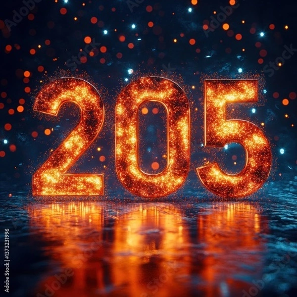 Obraz Glowing 2025 New Year Celebration Background with Vibrant Lights and Fireworks in Dark Blue and Orange