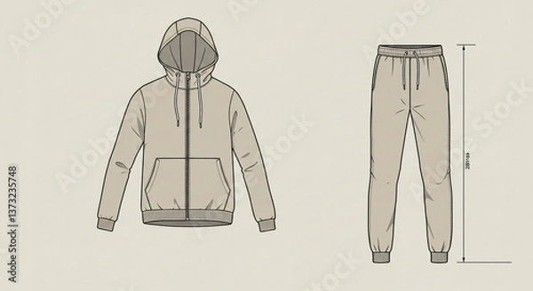 Fototapeta A relaxed beige tracksuit perfect for effortless weekend style, featuring a zip-up hoodie and jogger pants with a clean minimalist design.