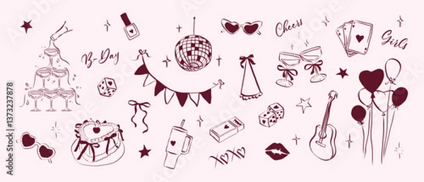 Fototapeta Birthday party set in hand drawn coquette style. Outline whimsical symbols for girls bachelorette. Trendy art for invitation and banner for holidays. Doodle vector illustration