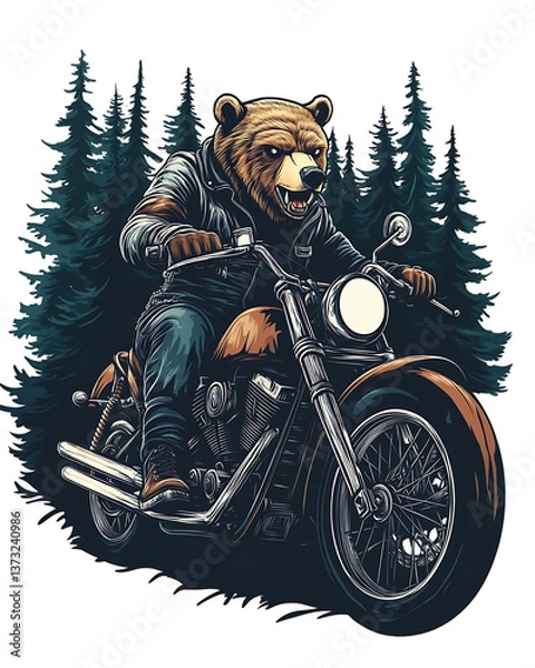Fototapeta A fierce bear riding a rugged motorcycle through a dense forest, with trees and foliage rushing by, its powerful paws gripping the handlebars