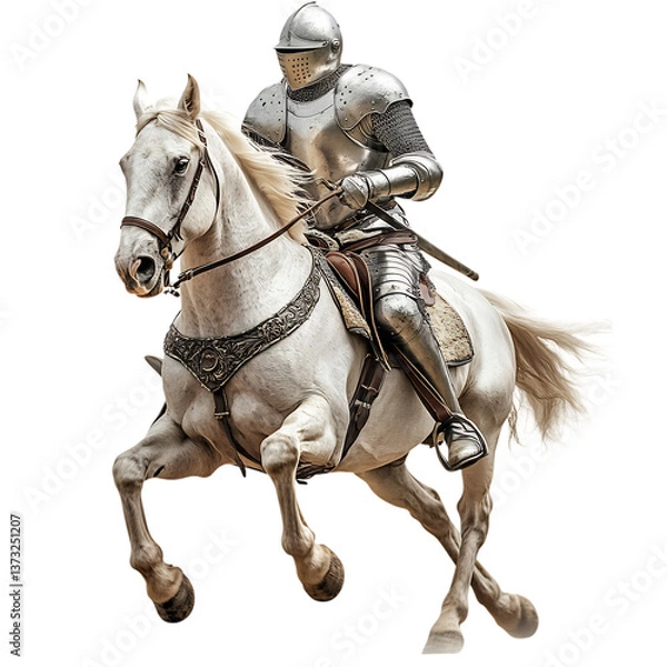 Obraz A Fearless Knight in Shining Armor Riding a White Horse Isolated on Transparent Background