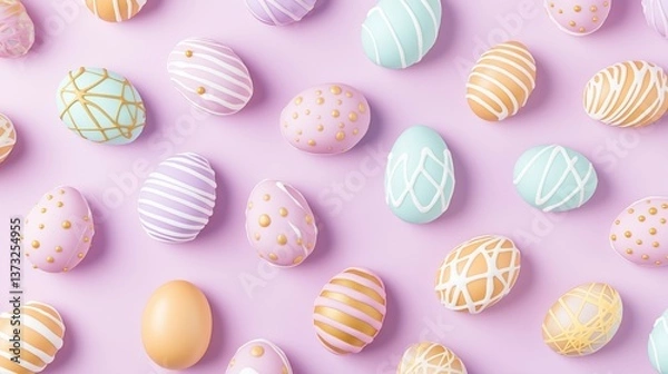 Fototapeta Pattern with egg shaped cookies and frosting on pastel background. Top view. Easter theme. Flat design. 