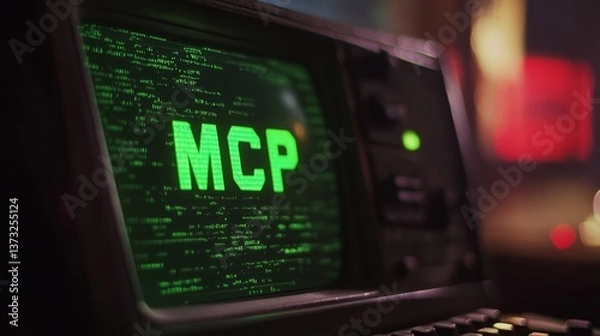 Fototapeta Green glowing MCP text on vintage computer monitor