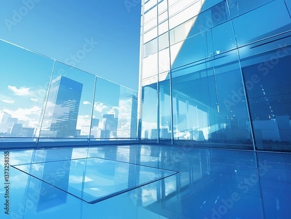 Fototapeta Minimalist Premium Commercial Photography of Outdoor Environment with Sun and Minimalist Background, Panoramic View in Silver and Blue, High Horizon, Showroom Frontal View,