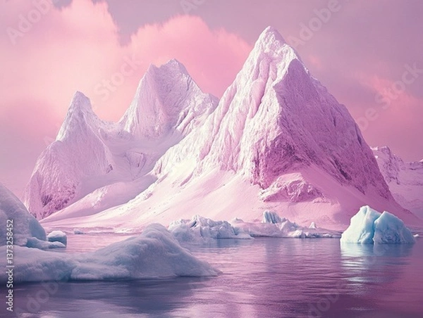 Fototapeta Ethereal Iced Mountains by the Sea with Light Magenta and Sky-Blue Hues, Capturing Otherworldly Visions, Dusty Piles, and Provocative Landscapes