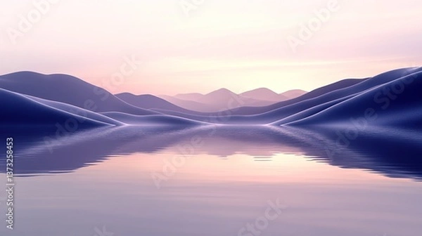 Obraz Monochromatic Minimalist 3D Abstract Lake Background with Soft Edges, Blurred Details in Violet, Beige, and Navy Blue, Featuring Smooth Curves and Layered Imagery with Subtle Irony