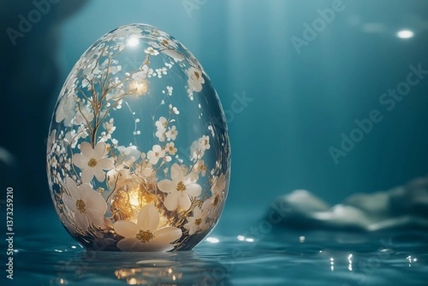 Fototapeta Elegant glass egg adorned with intricate floral pattern and glow in enchanting water. Creative Easter celebration concept with copy space.
