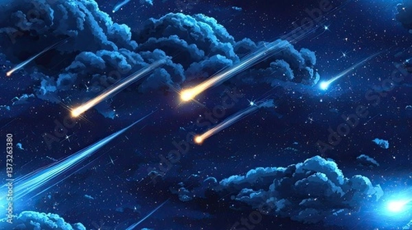 Fototapeta Meteor shower illuminating the night sky with streaks of light and stars in a dark celestial background creating a breathtaking scene