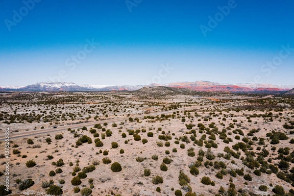 Fototapeta aerial view of desert landscape with snowy red rock mountains in the background
