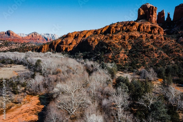 Fototapeta light hitting the red rocks of arizona with creek in foreground