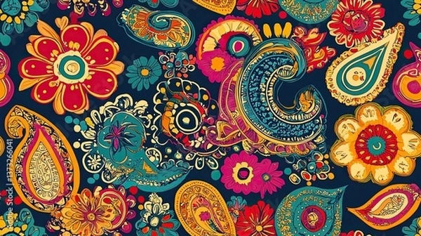 Fototapeta Vibrant and colorful paisley pattern featuring a kaleidoscope of bright colors and swirling shapes ideal for fashion and home decor projects