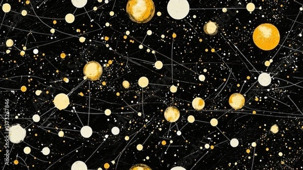 Fototapeta Elegant black background featuring eye-catching yellow and white circles in a playful arrangement for modern design projects