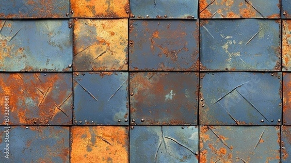 Fototapeta Rusty roof with peeling paint and weathered texture under a clear blue sky in an urban environment creating a sense of abandonment