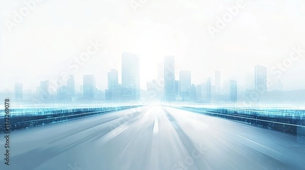 Fototapeta A blurred highway with motion blur leading to the city skyline, with blue and white glowing data streams in the background representing digitalization