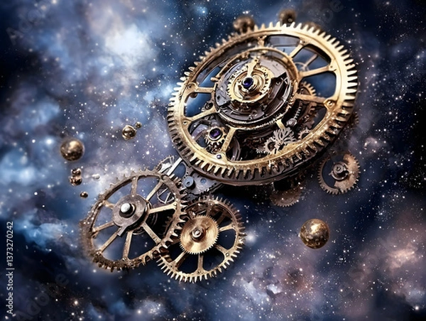 Fototapeta Cosmic Clockwork Mechanism: Gold Gears in a Nebula