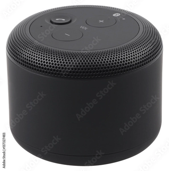 Obraz Czarny bezprzewodowy głośnik bluetooth na białym tle.