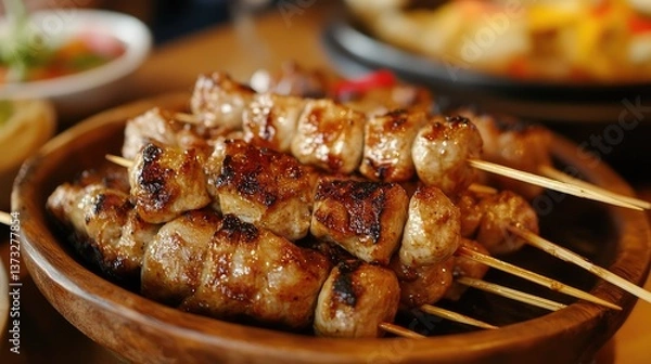 Fototapeta A close-up of golden-brown kebab skewers resting on a wooden serving plate.