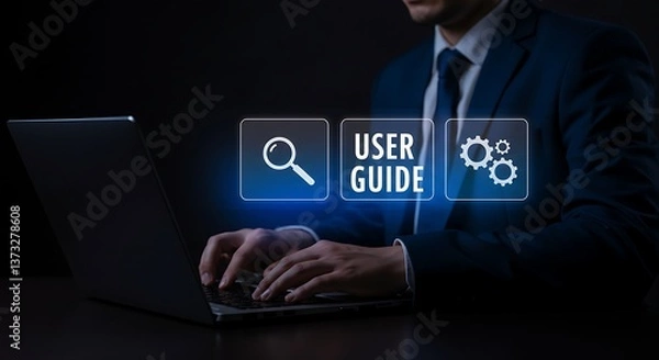 Obraz User manual guide, Online instruction manual and strategy advice. .User Guide and Online Help System ,Businessman using laptop with virtual user guide icon for business service and Growth .