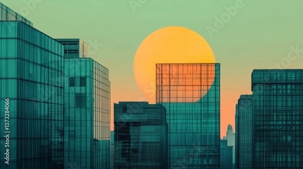 Fototapeta Depict the early morning sun rising over a modern office building in new york, symbolizing a fresh start and new possibilities each day, in the tones of teal and green and pale orange gradients 