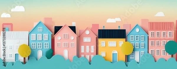 Fototapeta Top view of colorful paper cut A vibrant illustration of charming houses in various colors, surrounded by greenery and a pastel sky, reflecting a lively neighborhood.