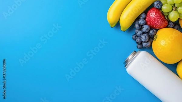 Fototapeta Colorful bunch of fresh fruits and refreshing bottle of water perfect for a creative and healthy lunch box idea