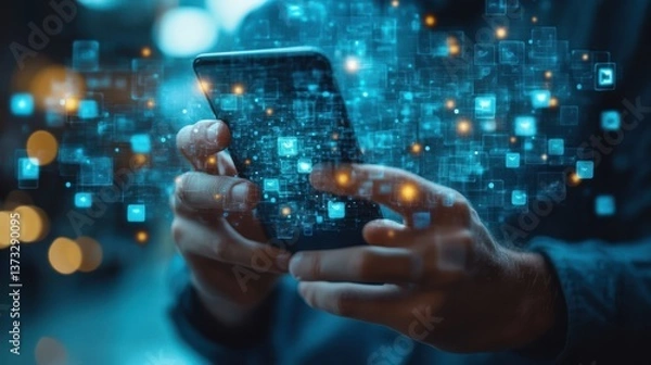 Fototapeta communication in social media concept of online people network closeup of male hands touching smartphone screen for sending message