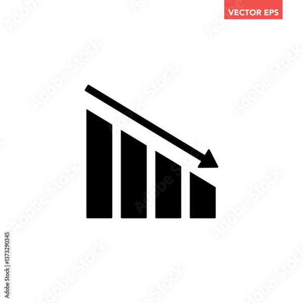 Obraz Black single financial graph with down arrow icon, simple business decline flat design pictogram vector for app ads web banner button ui ux interface elements isolated on white background
