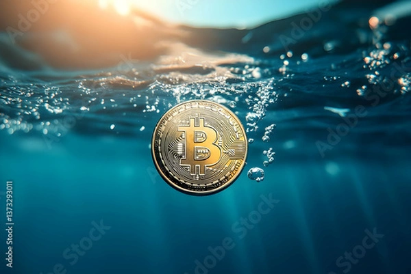 Fototapeta A Bitcoin coin submerged underwater, symbolizing the interplay between cryptocurrency and the depths of technology.