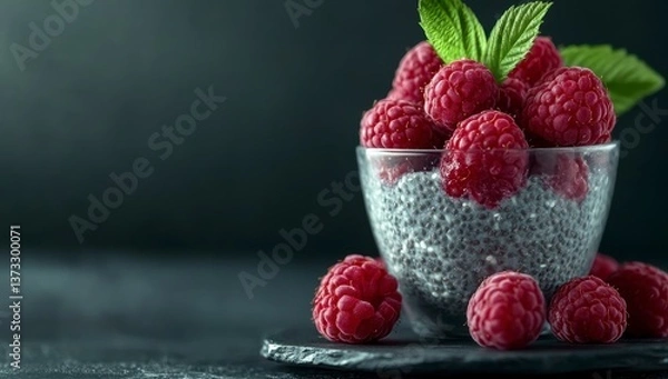 Obraz Red Raspberries and Chia Seed Pudding in Glass Bowl