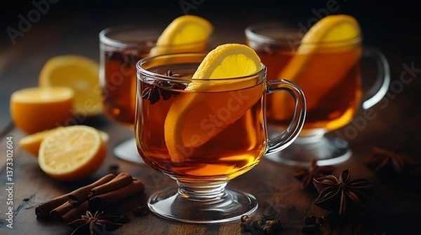 Fototapeta Three cups of warm beverage with orange and spices on wood