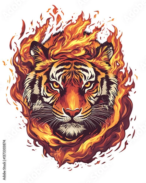Fototapeta A fierce tiger head intertwined with fiery flames, showcasing its intense expression, sharp teeth, and glowing eyes
