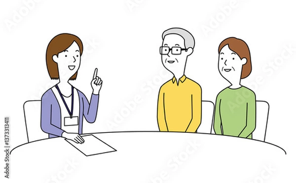 Obraz 女性の相談員にアドバイスを聞く高齢の男女