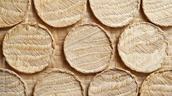Fototapeta straw, brown, isolated, basket, wicker, hat, wood, rope, object, pattern, texture, round, food, material, container, craft, natural, woven, closeup, box, circle, string, decoration, wooden, roll