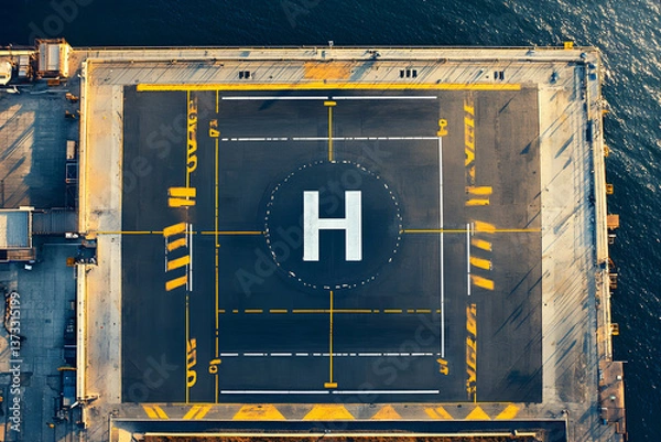 Fototapeta Aerial photograph showcasing modern helicopter landing pad perspective. Helipad is marked with clear 'H' symbol. Surrounded by safety markings. Air transportation and travel.