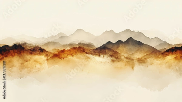 Fototapeta Majestic mountain range under a hazy sky with warm neutral tones creating a serene and captivating landscape