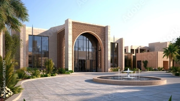 Fototapeta Three-dimensional rendering of the entrance to an apartment building in Saudi Arabia, featuring modern and contemporary architecture with stone material details on its facade, large windows for natura