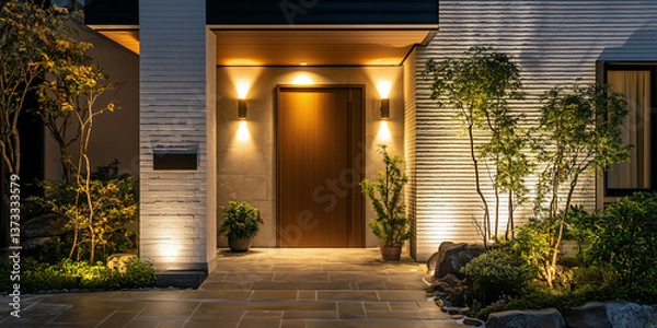 Obraz 住宅イメージ　モダンな戸建て住宅の玄関　夜の照明