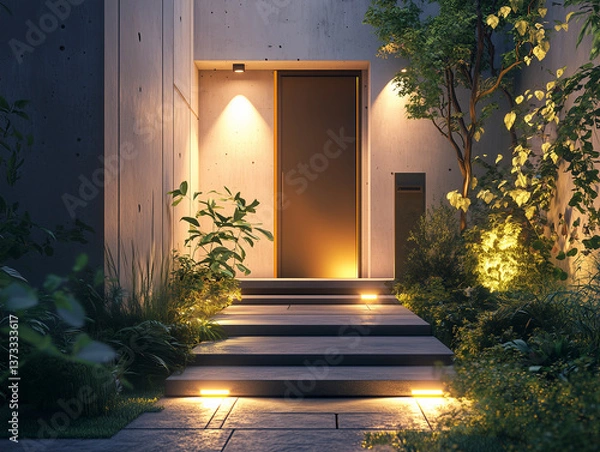 Obraz 住宅イメージ　モダンな戸建て住宅の玄関　夜の照明