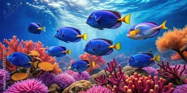 Fototapeta A school of iridescent blue tang fish darting through a vibrant coral reef teeming with sea fans and soft corals, aquatic world, underwater scene