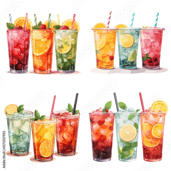 Fototapeta Colorful summer drinks with ice, lemon, mint, and fruits in tall glasses, perfect for refreshing beverages, tropical vibes, party menus, and vibrant food illustrations