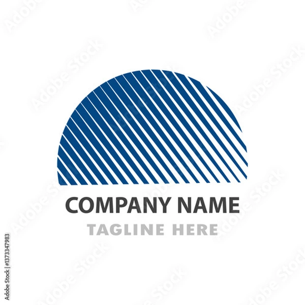 Fototapeta Modern, abstract logo design with a semi-circular shape filled with diagonal stripes in a dark navy blue and white color scheme.  A placeholder for a company name and tagline is included
