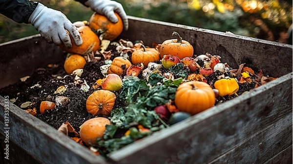 Fototapeta Home composting photo for Earth Day. Recycling kitchen waste and enriching soil. Realistic garden composter with fruits, vegetables, hands and earthy tones.
