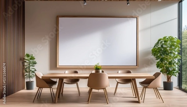 Fototapeta  A modern meeting room with a large white blank panel framed in light oak, designed for custo 