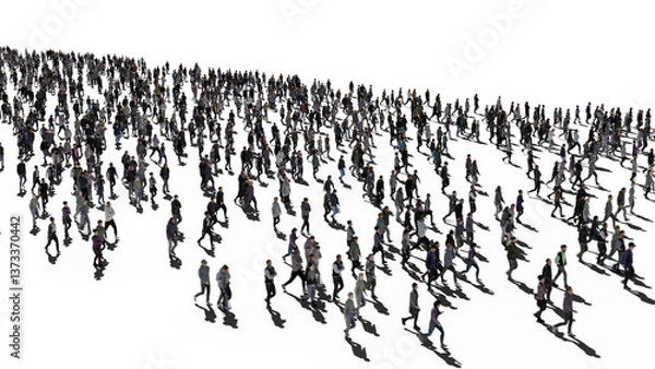 Fototapeta 3d illustration of a crowd of people walking down the street on white background