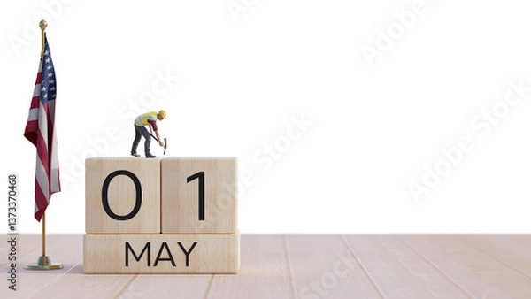 Fototapeta May 1st. Day 1 of month.  Miniature worker wooden block  calendar. labor day's concept. 3d illustration