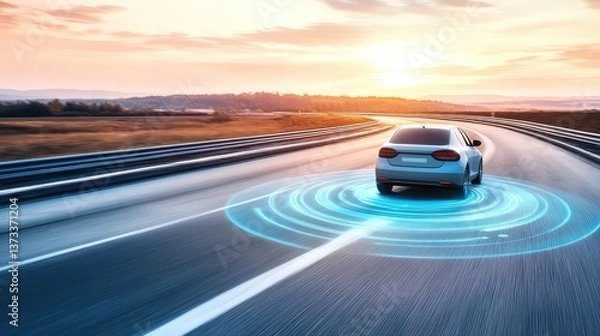 Fototapeta Side view of an autonomous vehicle driving along a smart road with digital signals guiding the way, offering space for copy.