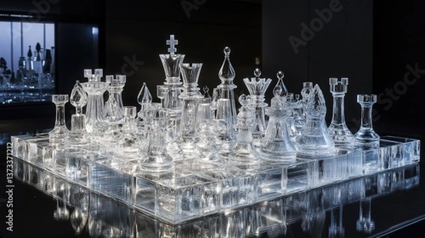 Fototapeta glass chessboard, with elegant glass pieces that shimmer when light hits them, set against a dark backdrop