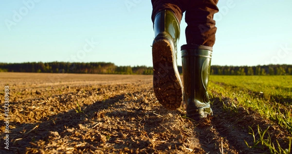 Fototapeta Low angle: man walking in rubber boots in a farmer's field, the blue sky above the horizon. Man walking through an agricultural field. Farmer walks through a plowed field in early spring.